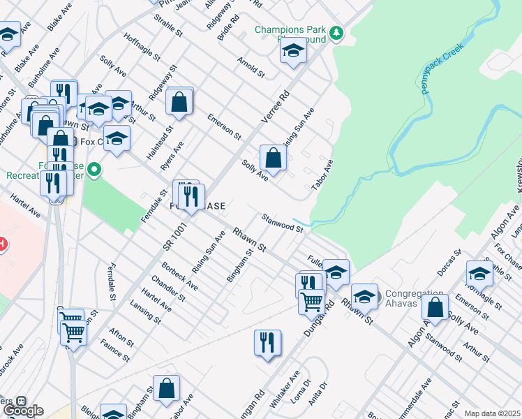 map of restaurants, bars, coffee shops, grocery stores, and more near 1021 Stanwood Street in Philadelphia