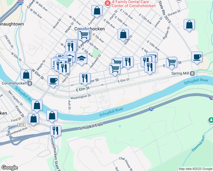 map of restaurants, bars, coffee shops, grocery stores, and more near Cherry Street in Conshohocken