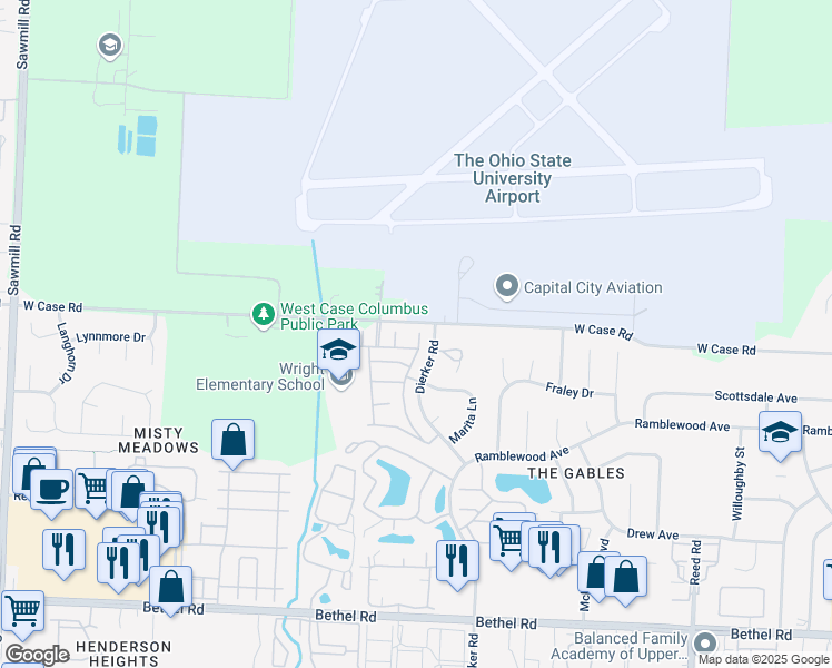 map of restaurants, bars, coffee shops, grocery stores, and more near 2216 Sandman Drive in Columbus