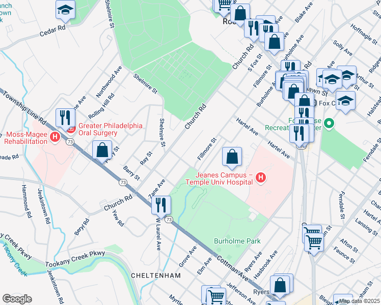 map of restaurants, bars, coffee shops, grocery stores, and more near 301 Zane Avenue in Jenkintown