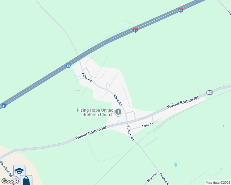 map of restaurants, bars, coffee shops, grocery stores, and more near 154 Kline Road in Shippensburg