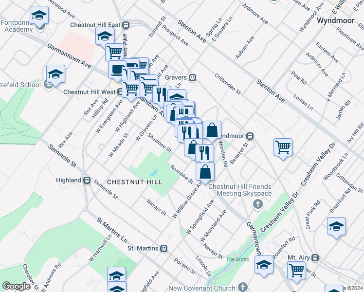 map of restaurants, bars, coffee shops, grocery stores, and more near 6 West Hartwell Lane in Philadelphia