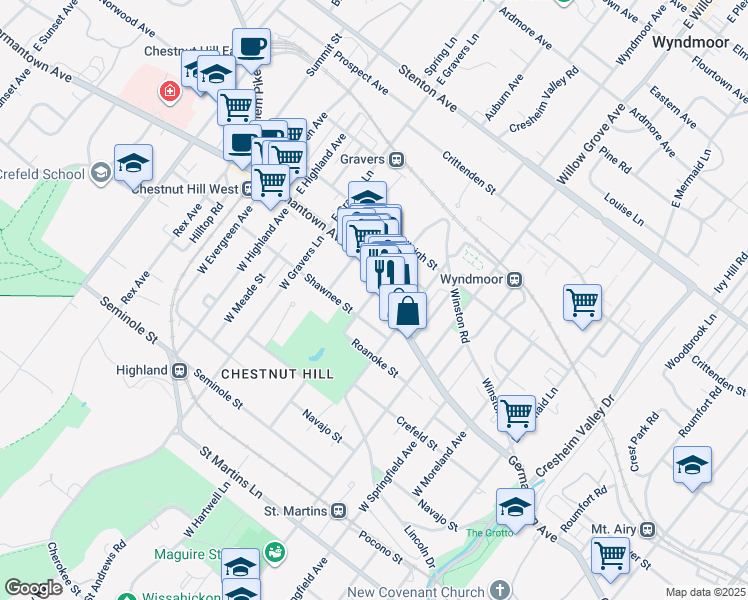 map of restaurants, bars, coffee shops, grocery stores, and more near 6 West Hartwell Lane in Philadelphia