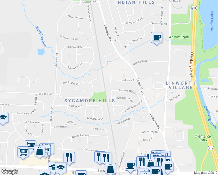 map of restaurants, bars, coffee shops, grocery stores, and more near 1030 Augusta Glen Drive in Columbus