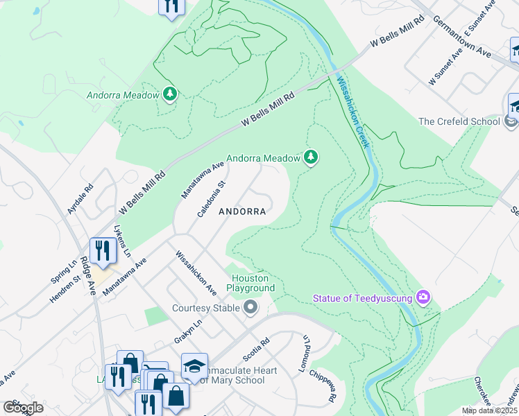 map of restaurants, bars, coffee shops, grocery stores, and more near 8604 Thomas Mill Terrace in Philadelphia
