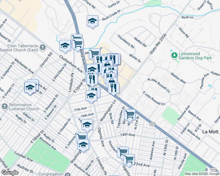 map of restaurants, bars, coffee shops, grocery stores, and more near in Elkins Park