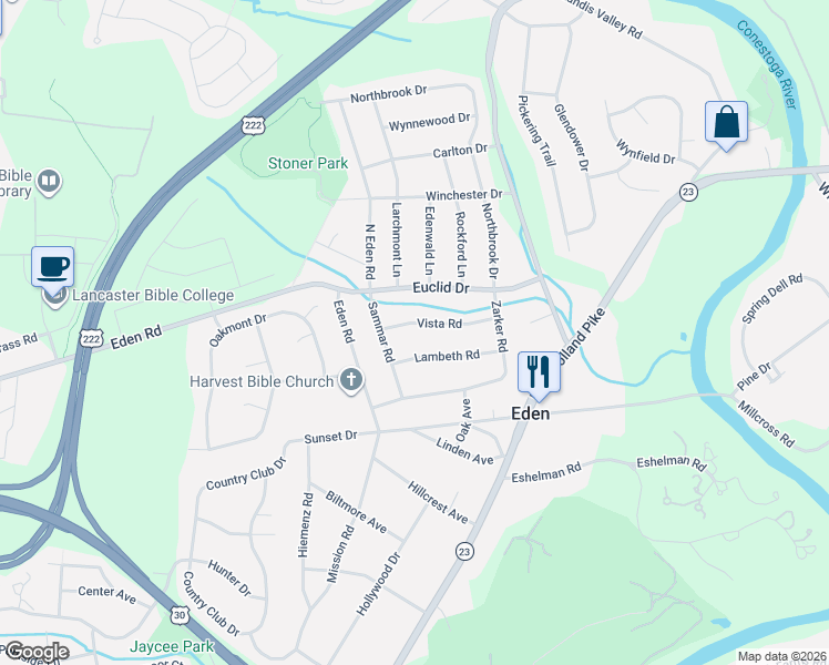 map of restaurants, bars, coffee shops, grocery stores, and more near 1541 Lambeth Road in Lancaster