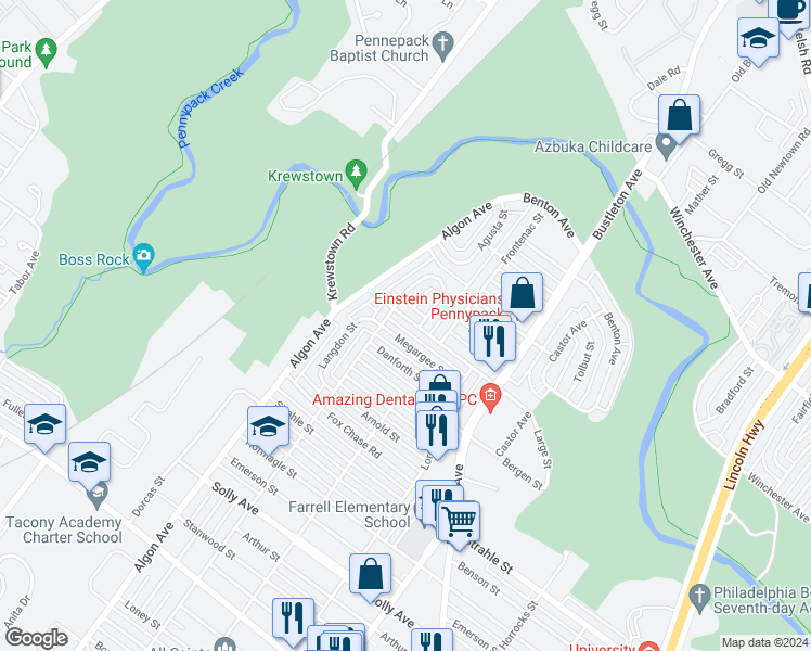 map of restaurants, bars, coffee shops, grocery stores, and more near 1712 Tustin Street in Philadelphia