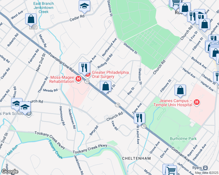 map of restaurants, bars, coffee shops, grocery stores, and more near 122 Perry Street in Elkins Park