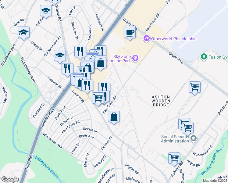 map of restaurants, bars, coffee shops, grocery stores, and more near 33 Bonnie Gellman Court in Philadelphia