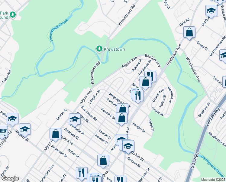 map of restaurants, bars, coffee shops, grocery stores, and more near 1712 Tustin Street in Philadelphia