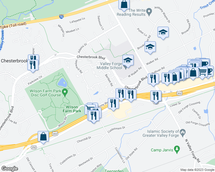 map of restaurants, bars, coffee shops, grocery stores, and more near 330 Headhouse Court in Chesterbrook