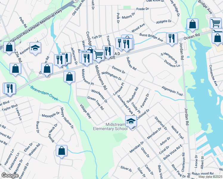 map of restaurants, bars, coffee shops, grocery stores, and more near 118 Arrowhead Park Drive in Brick