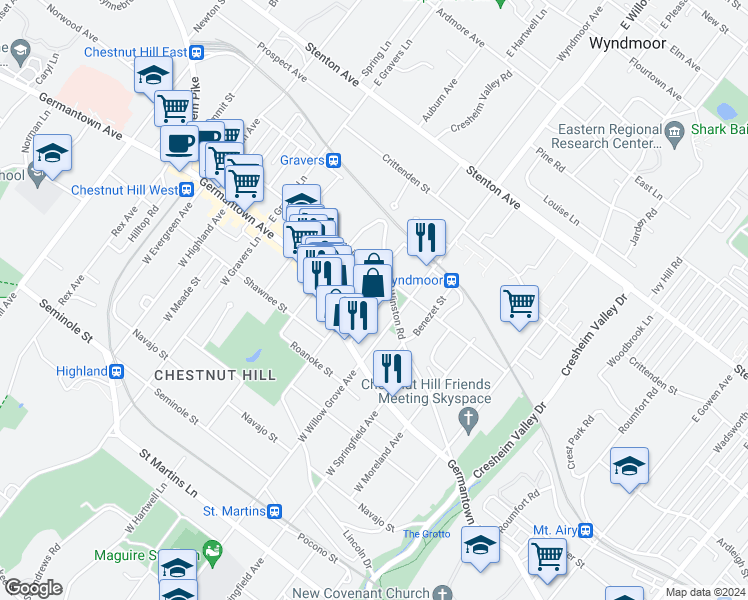map of restaurants, bars, coffee shops, grocery stores, and more near 55 Woodale Avenue in Philadelphia