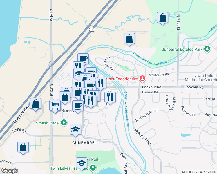 map of restaurants, bars, coffee shops, grocery stores, and more near 6700 Lookout Road in Boulder