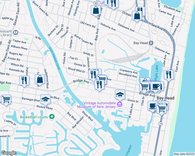 map of restaurants, bars, coffee shops, grocery stores, and more near 1627 Bay Avenue in Point Pleasant