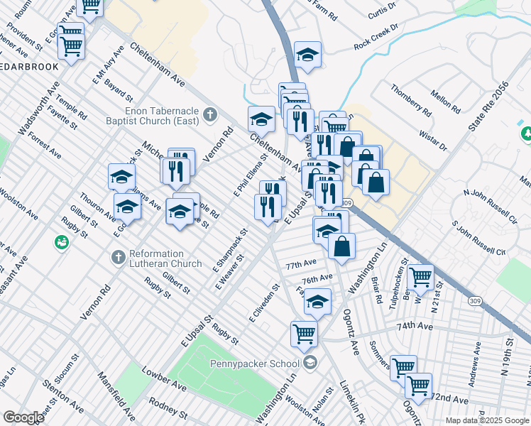 map of restaurants, bars, coffee shops, grocery stores, and more near 7824 Provident Road in Philadelphia
