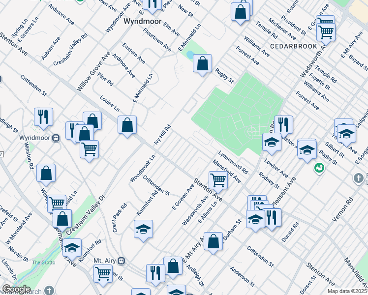 map of restaurants, bars, coffee shops, grocery stores, and more near 923 Roumfort Road in Philadelphia