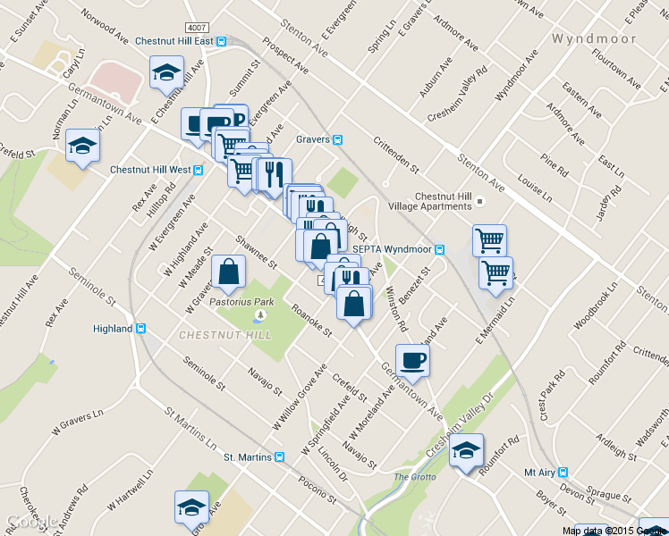 map of restaurants, bars, coffee shops, grocery stores, and more near 8126 Germantown Avenue in Philadelphia