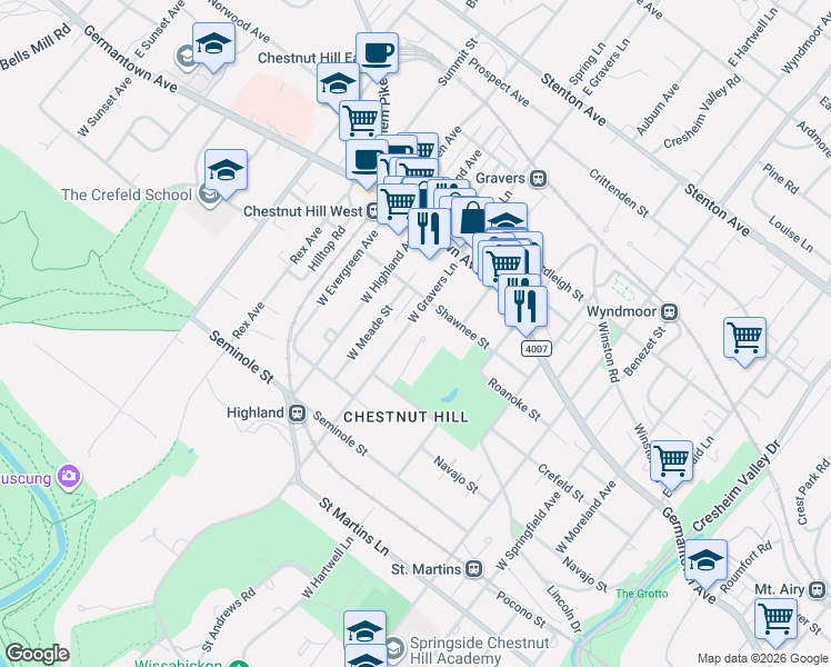 map of restaurants, bars, coffee shops, grocery stores, and more near 130 West Gravers Lane in Philadelphia
