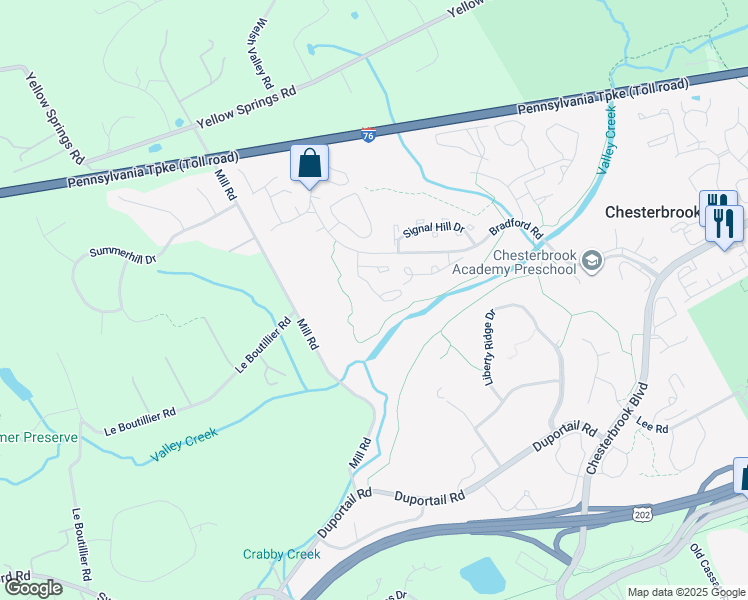 map of restaurants, bars, coffee shops, grocery stores, and more near 34 Newport Drive in Chesterbrook