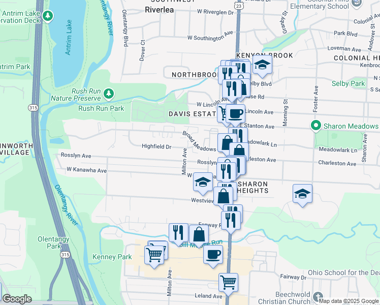 map of restaurants, bars, coffee shops, grocery stores, and more near 112 Rosslyn Avenue in Columbus