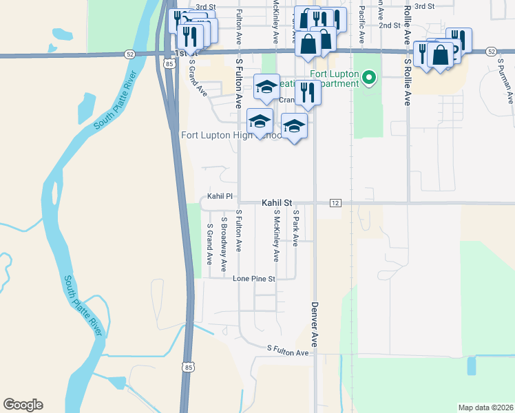 map of restaurants, bars, coffee shops, grocery stores, and more near 633 South Hoover Avenue in Fort Lupton