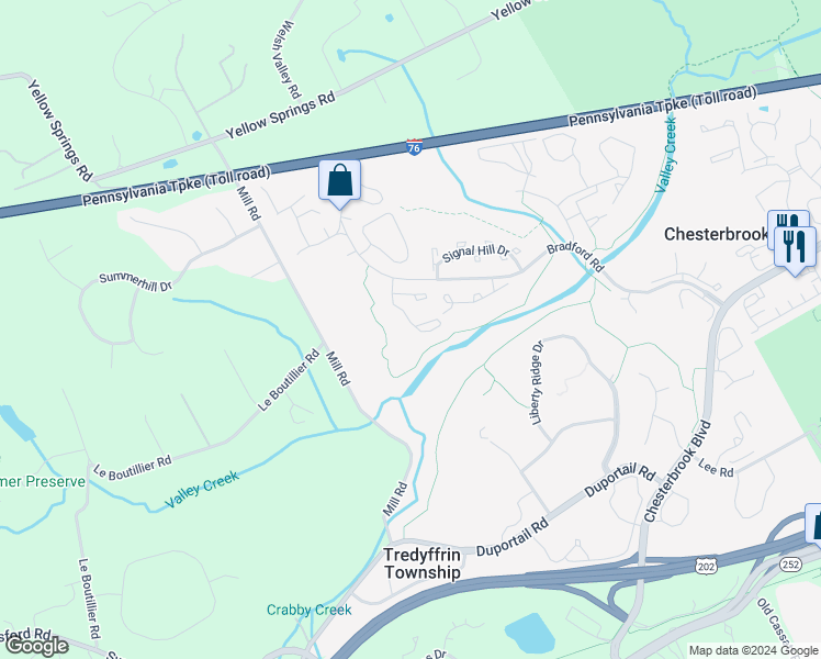 map of restaurants, bars, coffee shops, grocery stores, and more near 34 Newport Drive in Chesterbrook
