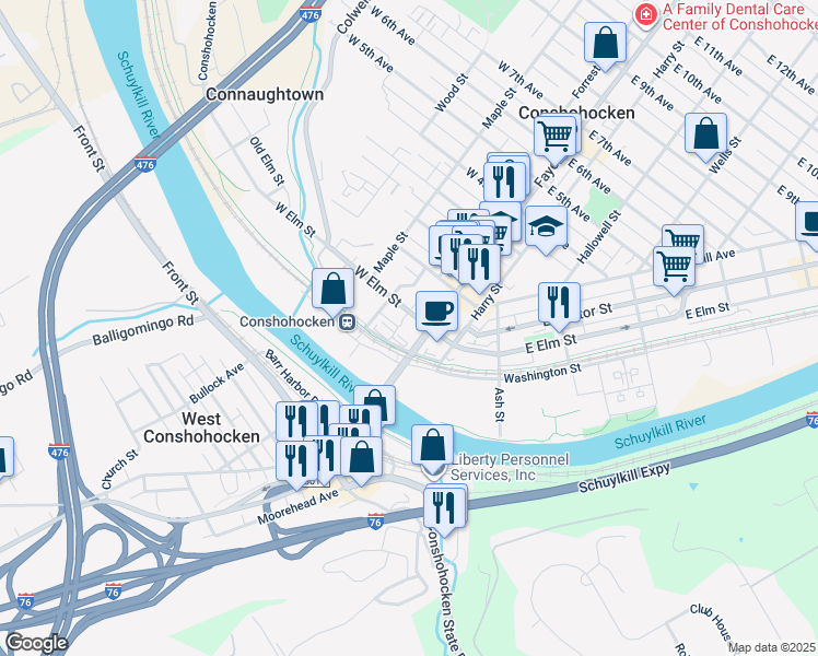 map of restaurants, bars, coffee shops, grocery stores, and more near in Conshohocken