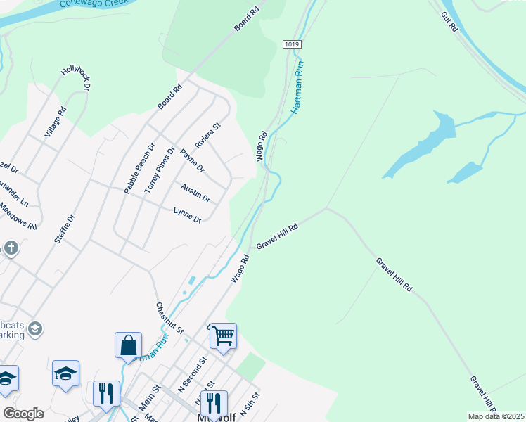 map of restaurants, bars, coffee shops, grocery stores, and more near 535 Wago Road in Mount Wolf
