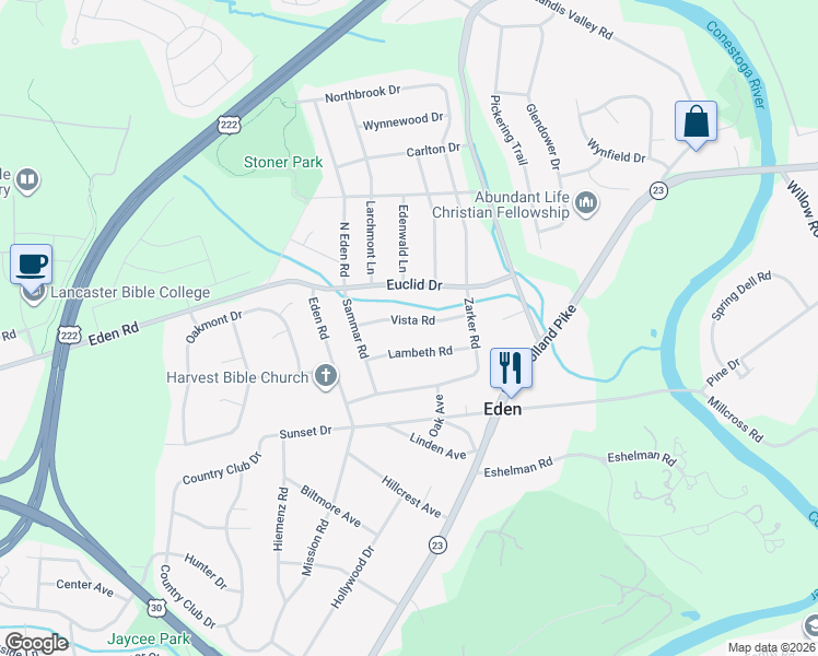 map of restaurants, bars, coffee shops, grocery stores, and more near 1541 Lambeth Road in Lancaster