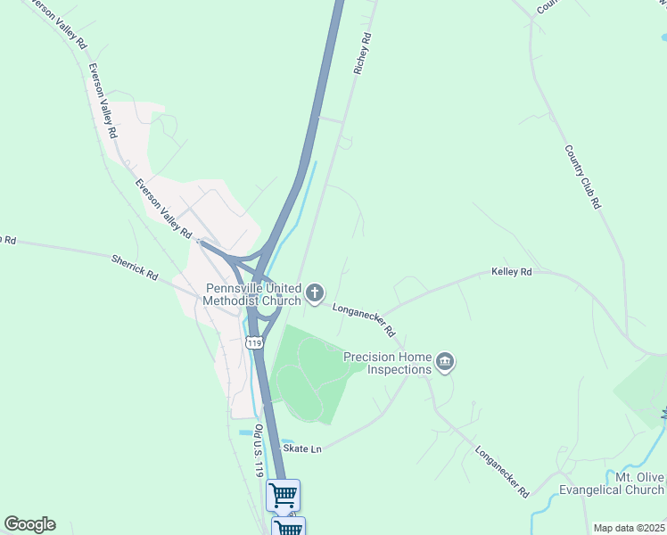 map of restaurants, bars, coffee shops, grocery stores, and more near 3102 Ridgeview Drive in Connellsville