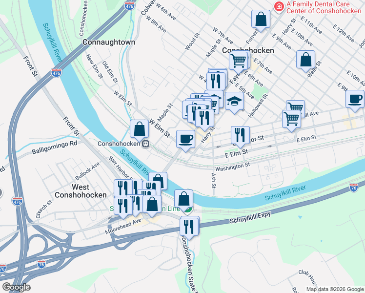 map of restaurants, bars, coffee shops, grocery stores, and more near Fayette Street & West Elm Street in Conshohocken
