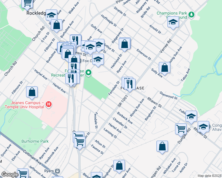 map of restaurants, bars, coffee shops, grocery stores, and more near 7932 Ferndale Street in Philadelphia