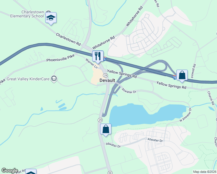 map of restaurants, bars, coffee shops, grocery stores, and more near 696 Charlestown Road in Malvern