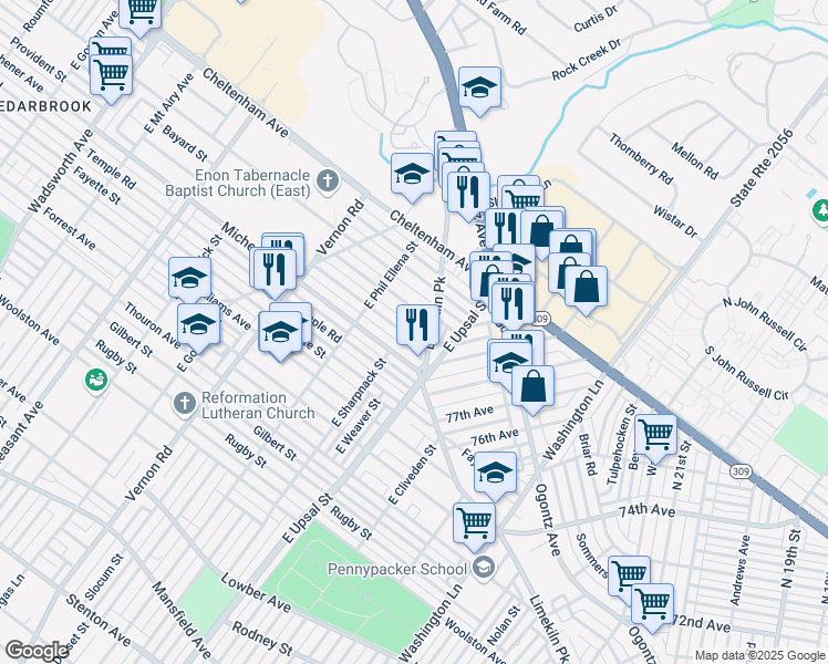 map of restaurants, bars, coffee shops, grocery stores, and more near 7824 Provident Road in Philadelphia