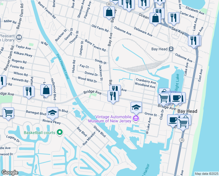 map of restaurants, bars, coffee shops, grocery stores, and more near 1627 Bay Avenue in Point Pleasant