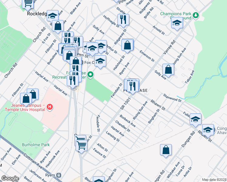 map of restaurants, bars, coffee shops, grocery stores, and more near 7932 Ferndale Street in Philadelphia
