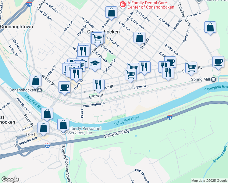 map of restaurants, bars, coffee shops, grocery stores, and more near 354 East Elm Street in Conshohocken