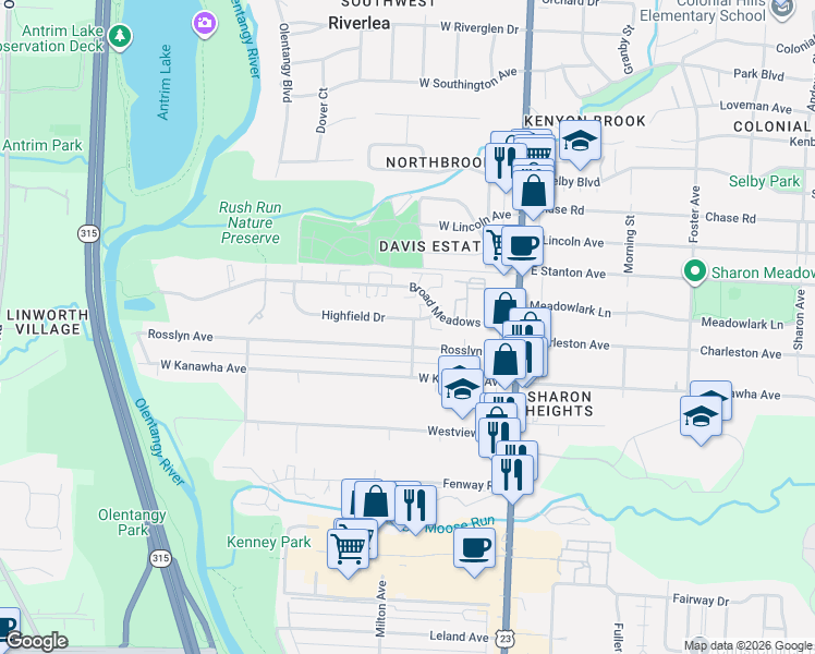 map of restaurants, bars, coffee shops, grocery stores, and more near 166 Rosslyn Avenue in Columbus