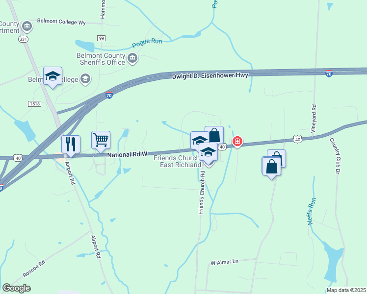 map of restaurants, bars, coffee shops, grocery stores, and more near 46399 National Road West in Saint Clairsville
