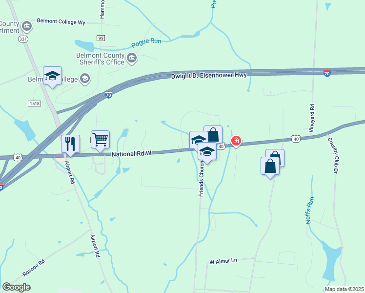 map of restaurants, bars, coffee shops, grocery stores, and more near 46399 National Road West in Saint Clairsville