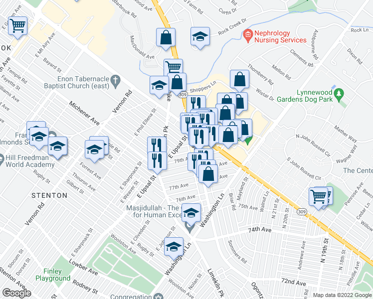 map of restaurants, bars, coffee shops, grocery stores, and more near 2420 80th Avenue in Philadelphia