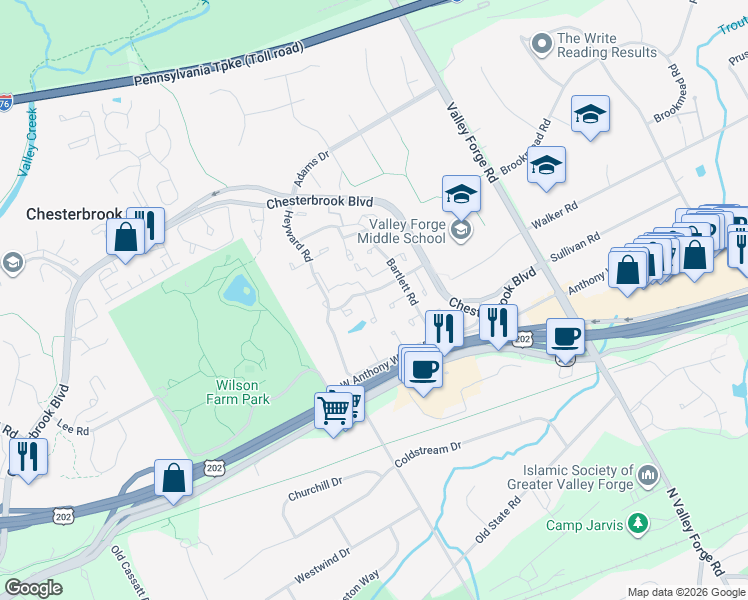 map of restaurants, bars, coffee shops, grocery stores, and more near 330 Headhouse Court in Chesterbrook