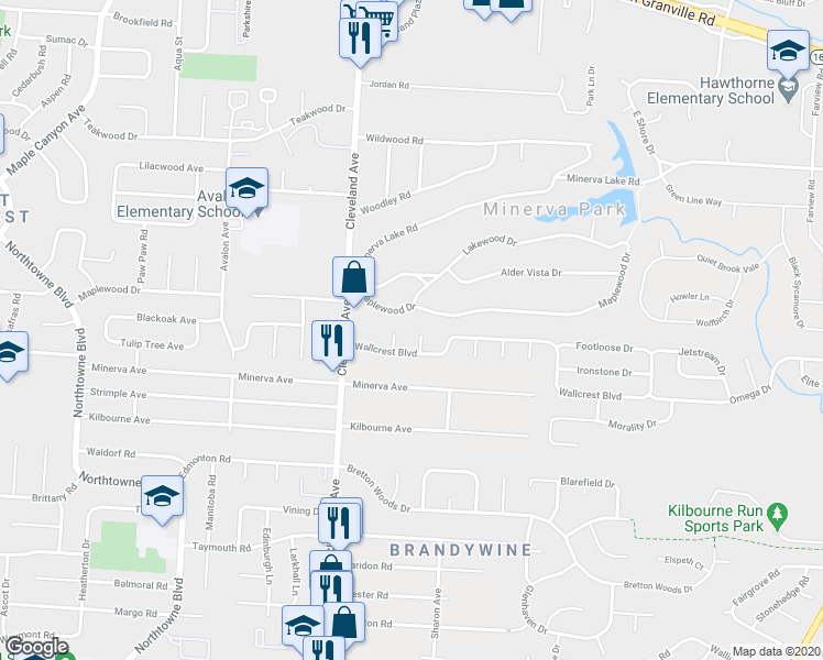 map of restaurants, bars, coffee shops, grocery stores, and more near 5055 Blue Meadow Ct in Columbus