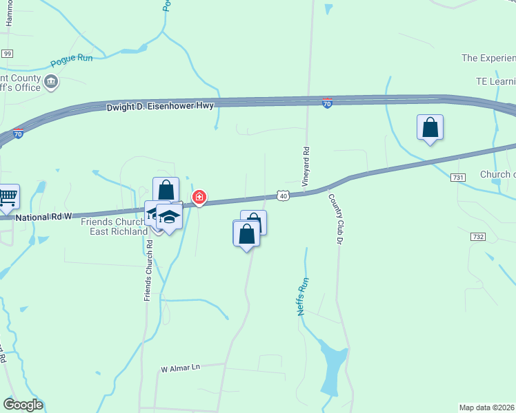 map of restaurants, bars, coffee shops, grocery stores, and more near 67960 Mills Road in Saint Clairsville