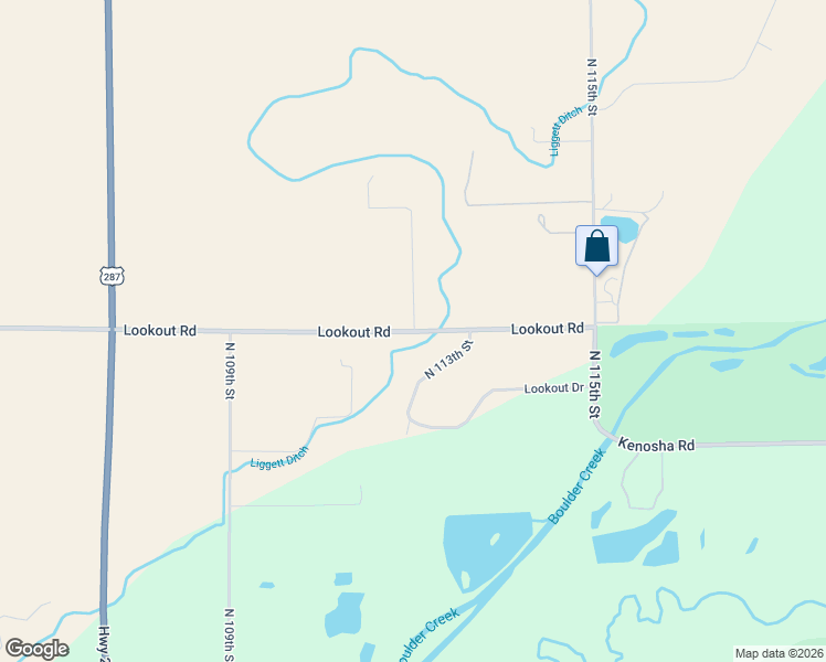 map of restaurants, bars, coffee shops, grocery stores, and more near 11101 Lookout Road in Longmont