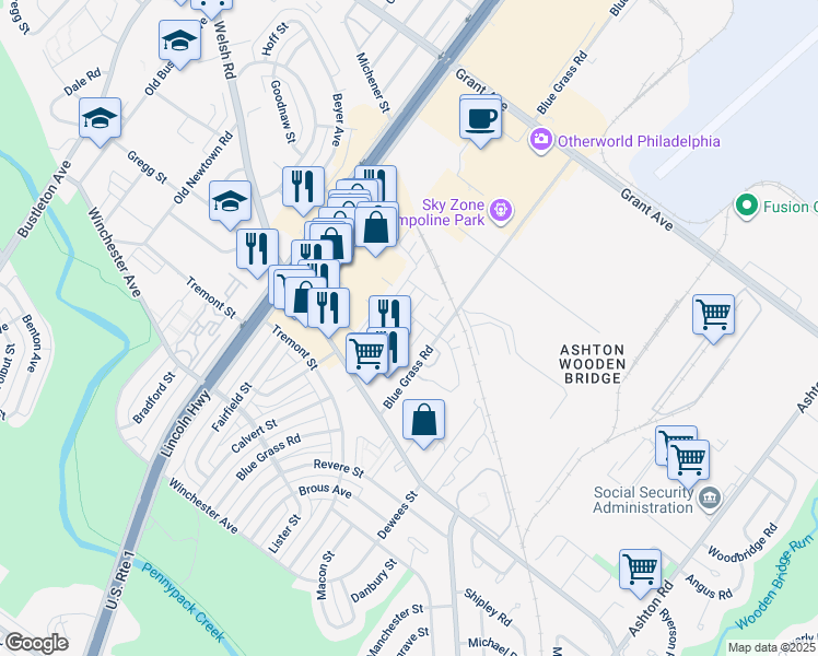 map of restaurants, bars, coffee shops, grocery stores, and more near 47 Bonnie Gellman Court in Philadelphia