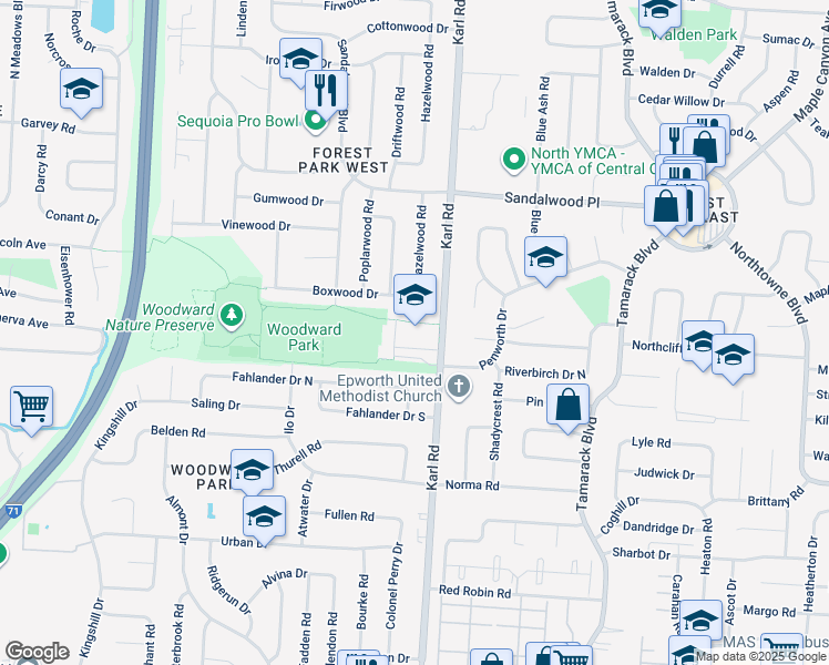 map of restaurants, bars, coffee shops, grocery stores, and more near 5151 Karl Road in Columbus