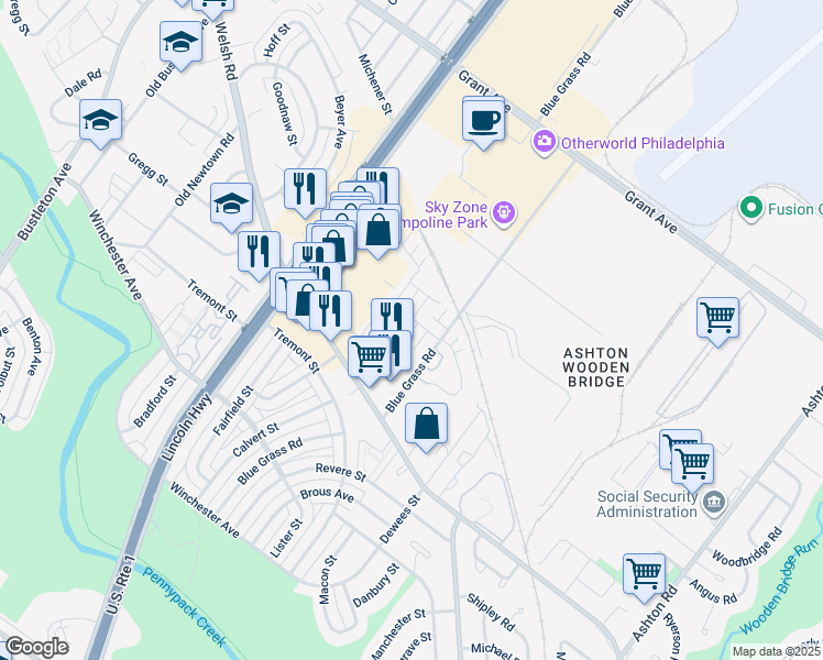 map of restaurants, bars, coffee shops, grocery stores, and more near 48 Bonnie Gellman Court in Philadelphia